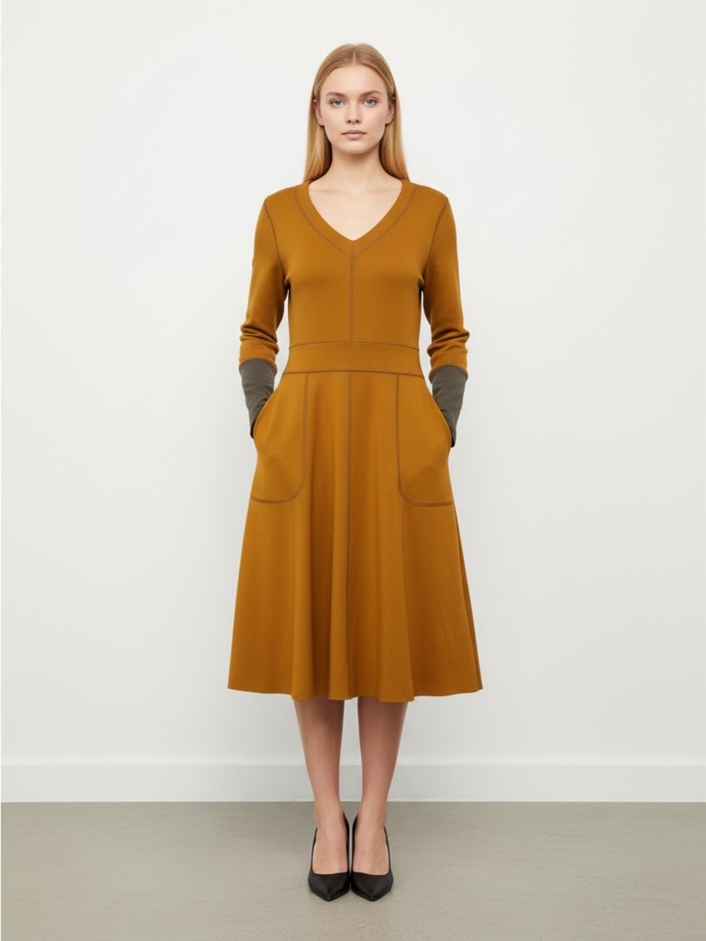 Archive Long Sleeve V-neck Career Knit Dress Women’s SZ 8 in Golden Mustard